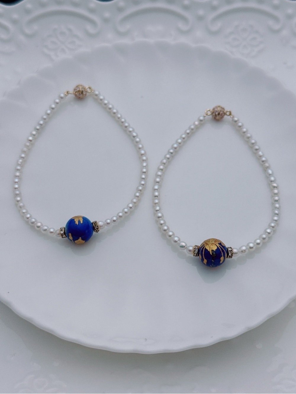 26B527 Handmade Freshwater Baby Pearl Carved Lapis Bracelet 3mm 6.5-7”